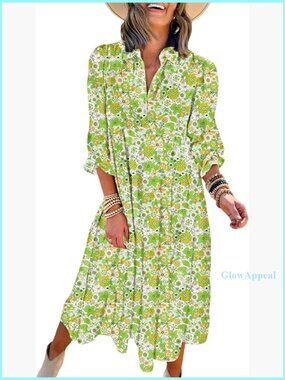 Long Sleeve V-Neck Floral Midi Dress, Bohemian Summer Beach Style